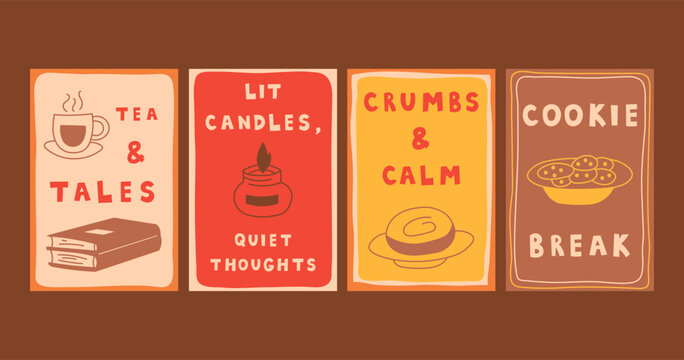 Food and Drink Sketch Poster Set. Cozy Hand drawn Banners and Cafe Decoration wall art with sweets and snacks doodle vector illustrations and inspirational text