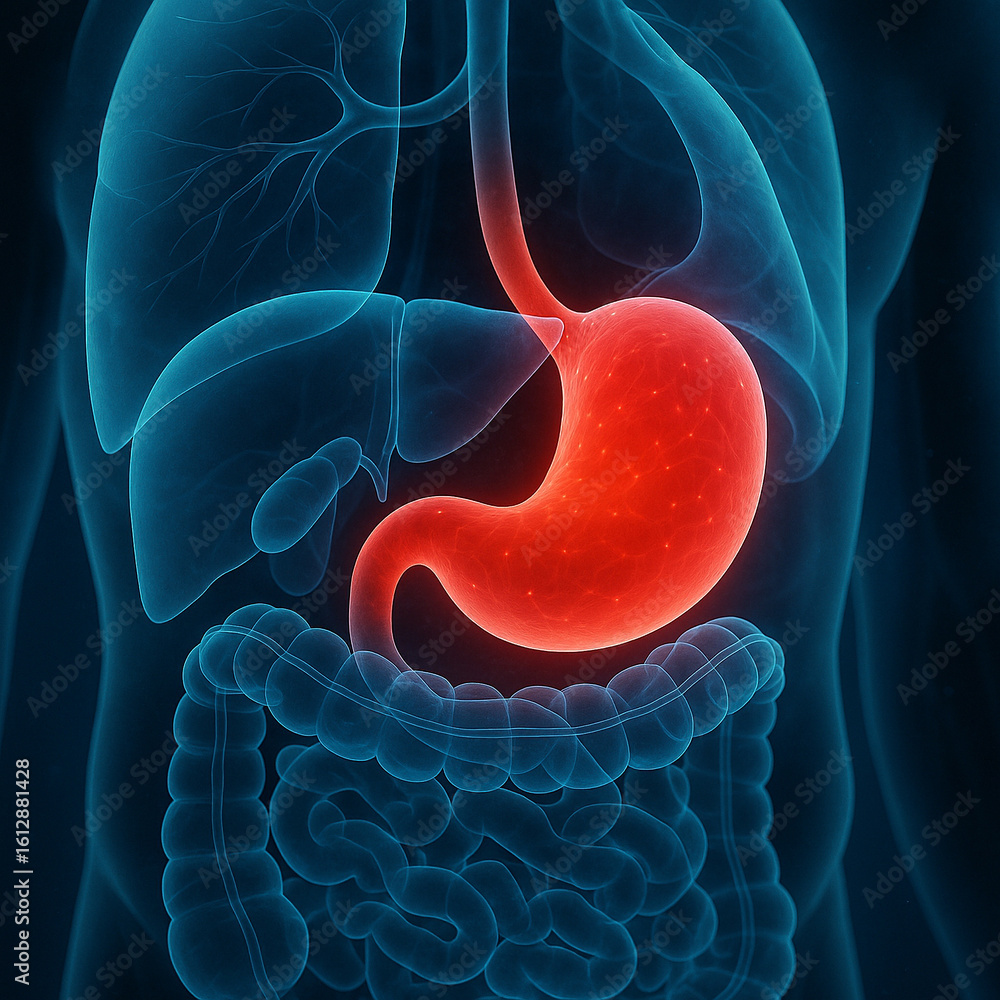 Poster ai generated ultra realistic biomedical rendering of human stomach in red glow with surrounding dige