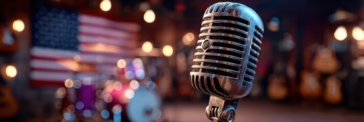 Antique microphone stands in a cozy music venue with an American flag background and drums