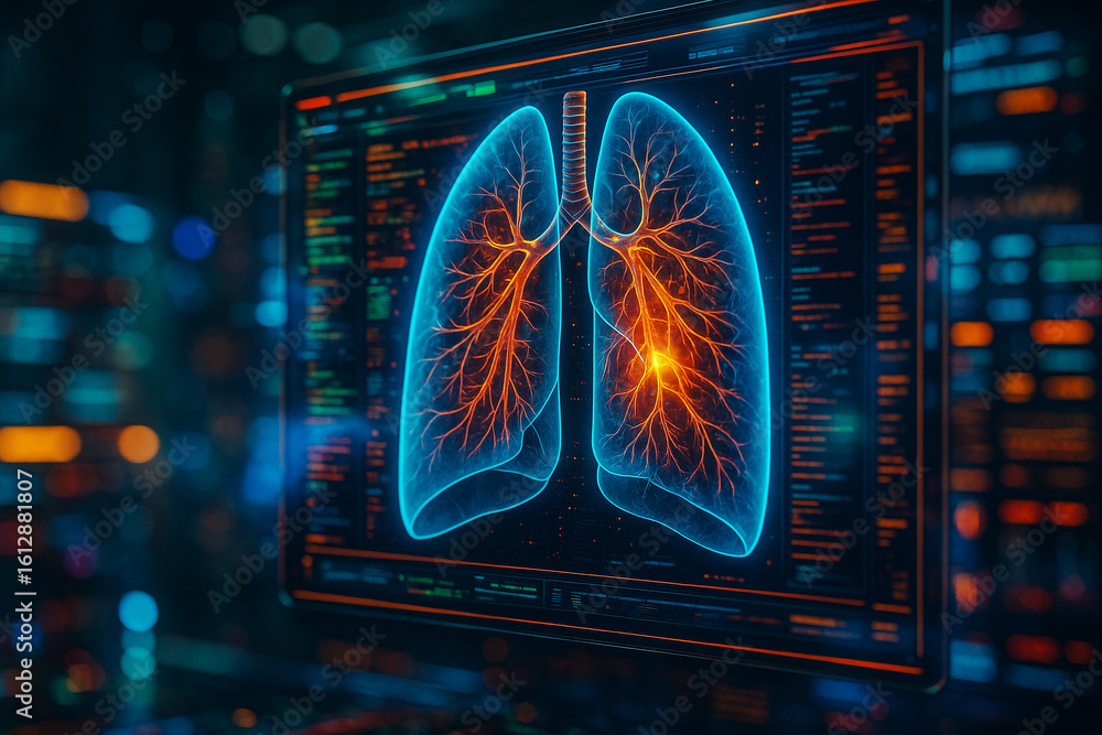 Poster ai generated ultra realistic digital lungs with glowing vessels on a futuristic dashboard displaying