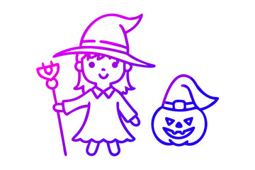 Cute witch and jack o lantern line art with purple blue gradient girl halloween