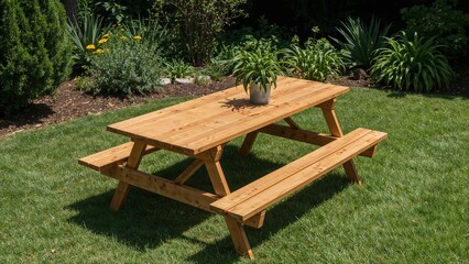 Wooden picnic table in lush garden setting with green grass and vibrant flowers
