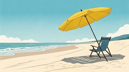 Beach relaxation under a bright yellow umbrella with blue sky and calm sea illustration for travel and vacation themes