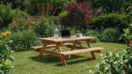 Serene garden workspace: laptop on outdoor picnic table surrounded by lush greenery
