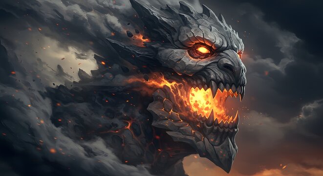Fearsome fiery dragon emerging from dark smoke - Powered by Adobe