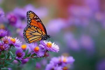 Naklejka premium Monarch butterfly enjoys nectar from vibrant purple aster flowers in a serene garden during the warm afternoon light