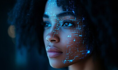 AI facial recognition technology used on a human face, featuring a Black African American mixed woman. The scene includes a holographic geometric blue pattern, symbolizing, security, Generative AI