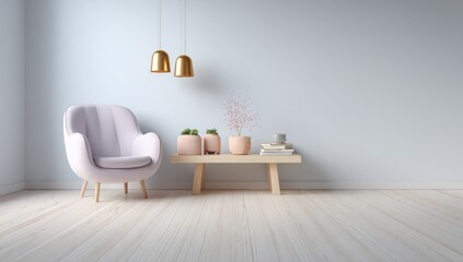 Modern minimalist living room interior design with a comfortable armchair and wooden bench.