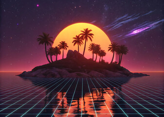 Retro synthwave island paradise under a neon sunset