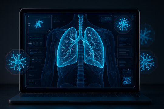 AI generated high detail holographic scan of human lungs with digital interface medical data in sci-fi diagnostic environment