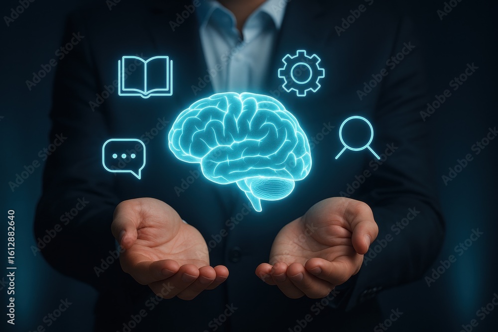 Poster digital intelligence: a silhouette man holds a holographic brain, symbolizing innovation and strateg