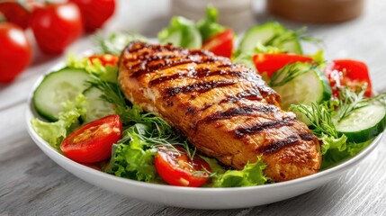 A perfectly grilled chicken breast sits atop a vibrant salad of crisp lettuce, cucumber, and ripe tomatoes, creating a healthy and colorful meal.