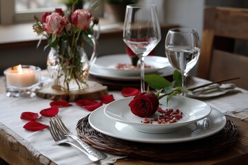Romantic table setting for Valentine's Day dinner featuring elegant cutlery, floral arrangements, and decorative rose petals