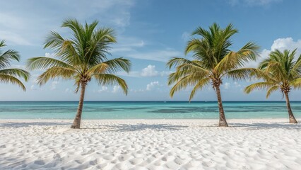 Tranquil tropical beach scene with palm trees, white sand, and crystal blue waters under a clear sky