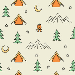 Obraz premium Seamless pattern of camping tents trees moon campfire and stars pine tree forest
