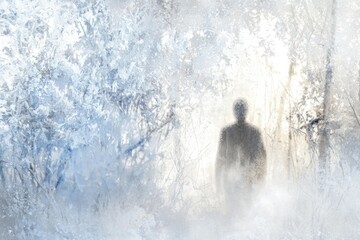 Fototapeta premium A figure walks through a winter wonderland. AI.
