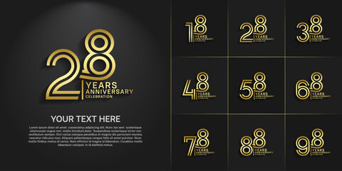 Anniversary logo set with double line number style. gold color can be use for special moment