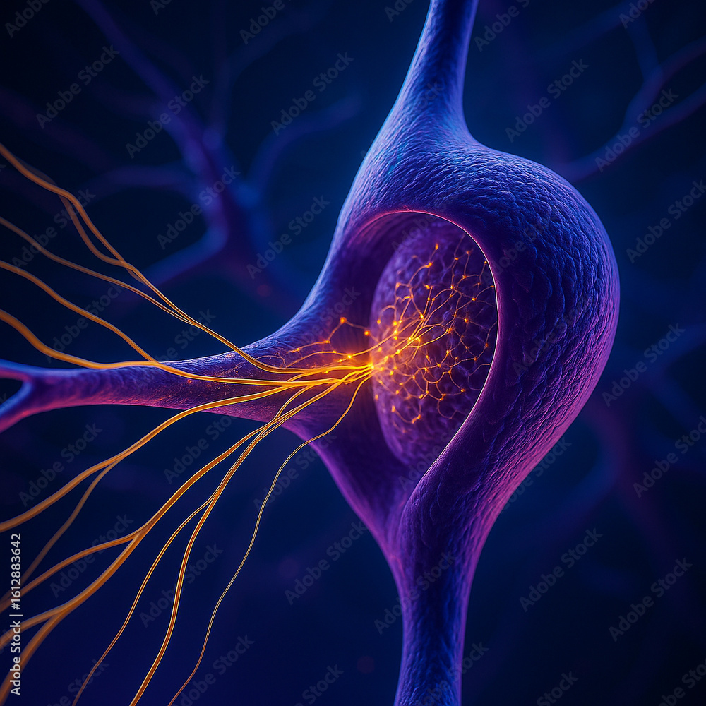 Poster ai generated ultra detailed neuron and synapse visual showing bioelectric signals with glowing fiber