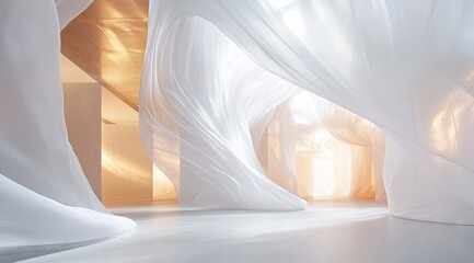 Empty, ethereal space draped in flowing white fabric