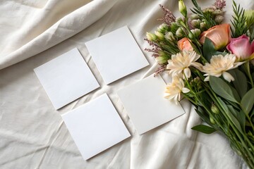 Floral Bouquet on White Textured Fabric with Four Square White Cards