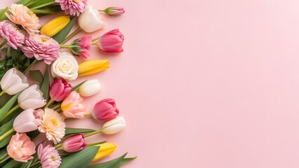 Beautiful Floral Arrangement of Tulips and Flowers on a Pink Background