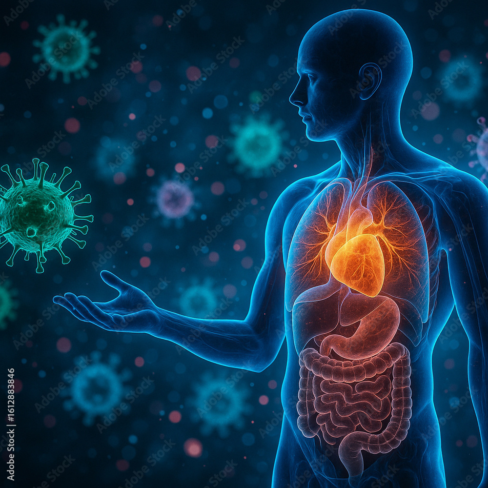 Poster ai generated ultra realistic side view of glowing human torso with visible heart lungs and intestine