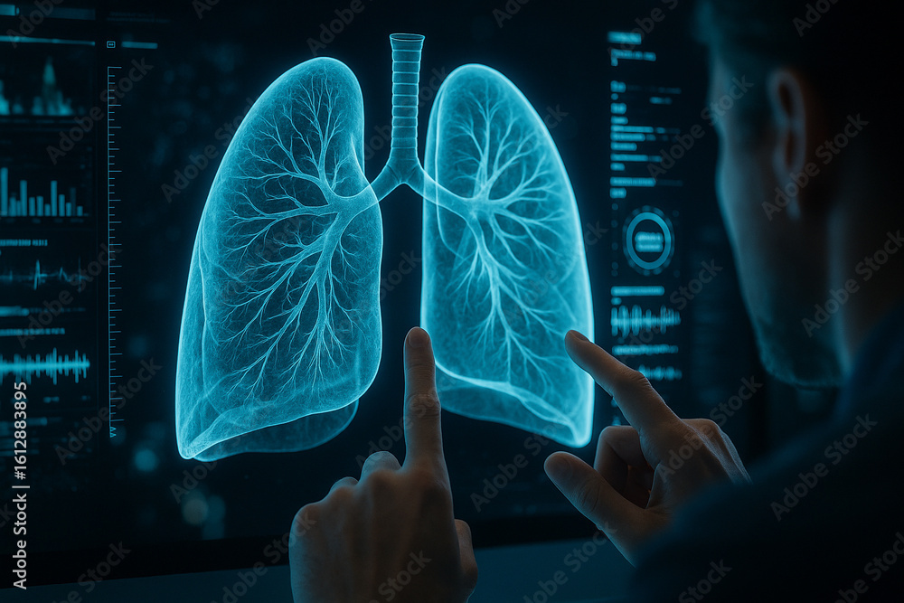 Poster ai generated digital lungs with neon interface showing respiratory diagnostics in a futuristic medic