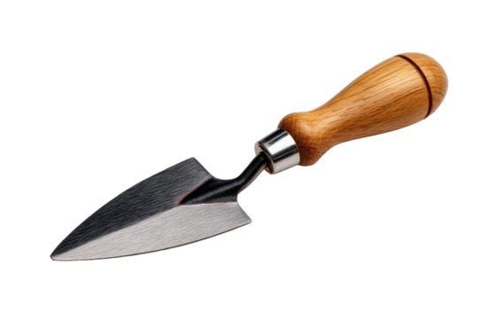 Close-up of a small trowel with wooden handle.  Sharp, pointed blade.  Metal and wood.  Gardening tool