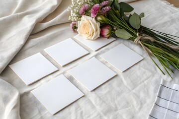 Square Cards Mockup with Roses Bouquet on a White Fabric Background