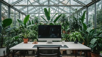 Fototapeta premium Modern workspace in lush greenhouse setting with computer and verdant plants