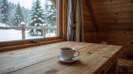 Cozy winter cabin view with coffee cup on wooden table overlooking snowy landscape