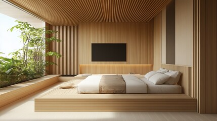 Minimalist bedroom with natural wood, large window, and tranquil ambiance. Serene interior design with a bright outlook