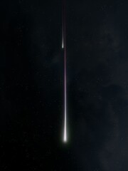 Spectacular glowing meteor trails. Beautiful shooting stars on a black background. Two falling bolides in the sky. Astronomical observation.