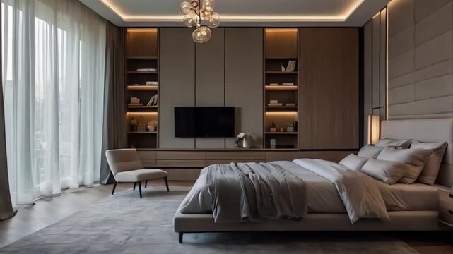 A luxurious contemporary hotel bedroom interior with a comfortable bed, stylish furniture, and warm lighting from a modern lamp near the window