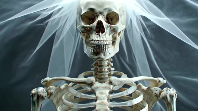 A skeleton adorned with a flowing white veil, creating a haunting and ethereal image of a ghostly bride against a dark background 4k video