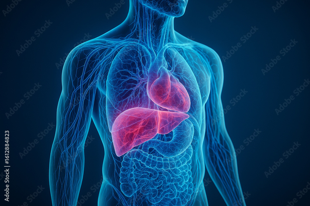 Poster ai generated high resolution digital image of male torso showing glowing liver and vascular system i