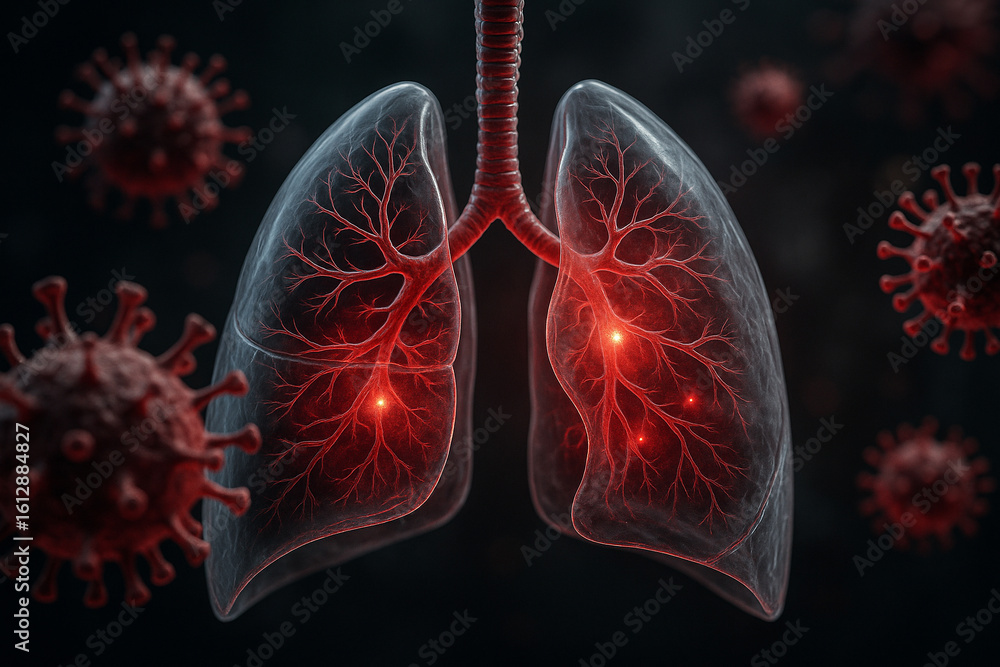 Poster ai generated sci-fi medical artwork showing translucent lungs with inflamed bronchi under viral atta
