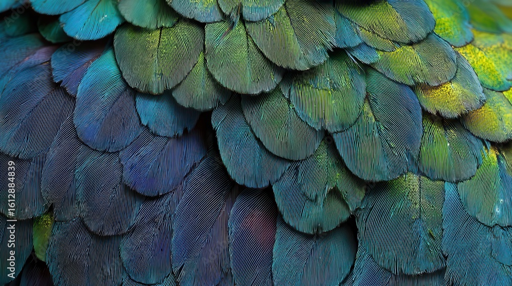 Poster close-up view of a vibrant array of bird feathers.