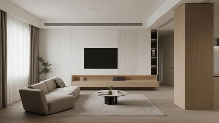 Fototapeta premium Modern minimalist living room with sleek furniture and neutral tones