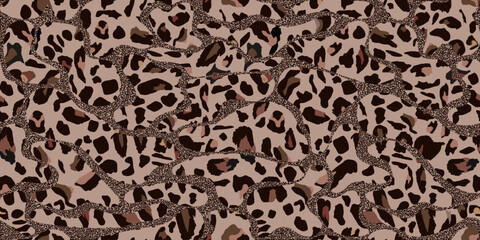 Seamless leopard print with wave lines and liquid-style texture. Artistic leopard skin pattern with abstract fluid curves. Trendy and modern animal pattern for fashion, fabric, and background