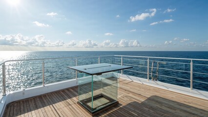 Serene ocean deck view with glass table reflecting sunlit seascape