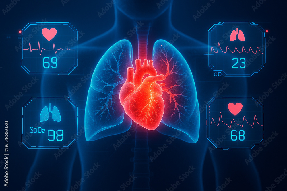 Poster ai generated ultra realistic sci fi medical render of glowing human heart and lungs in digital hud i