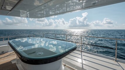 Obraz premium Luxurious yacht deck with stunning ocean view and reflective table underneath blue sky