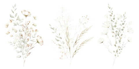 Fototapeta premium Three delicate floral arrangements isolated on transparent background