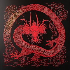 Beautiful symmetrical Chinese Zodiac Dragon red paper cut art with gold foil details placed on black background, traditional folk art, holiday celebration, Chinese New Year decoration theme.
