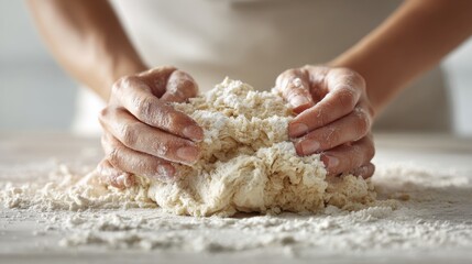 In a well-lit kitchen, hands work diligently to knead a mixture of flour and other ingredients into a smooth dough, preparing for baking. The countertop is dusted with flour, showcasing the process.