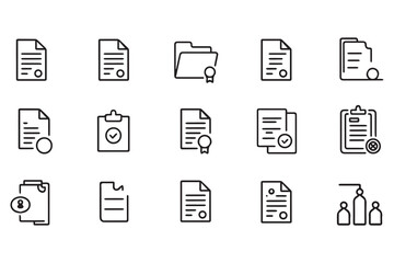 Documents and Paperwork Line Icons Set for Business Processes and Data Management Solutions with Certifications