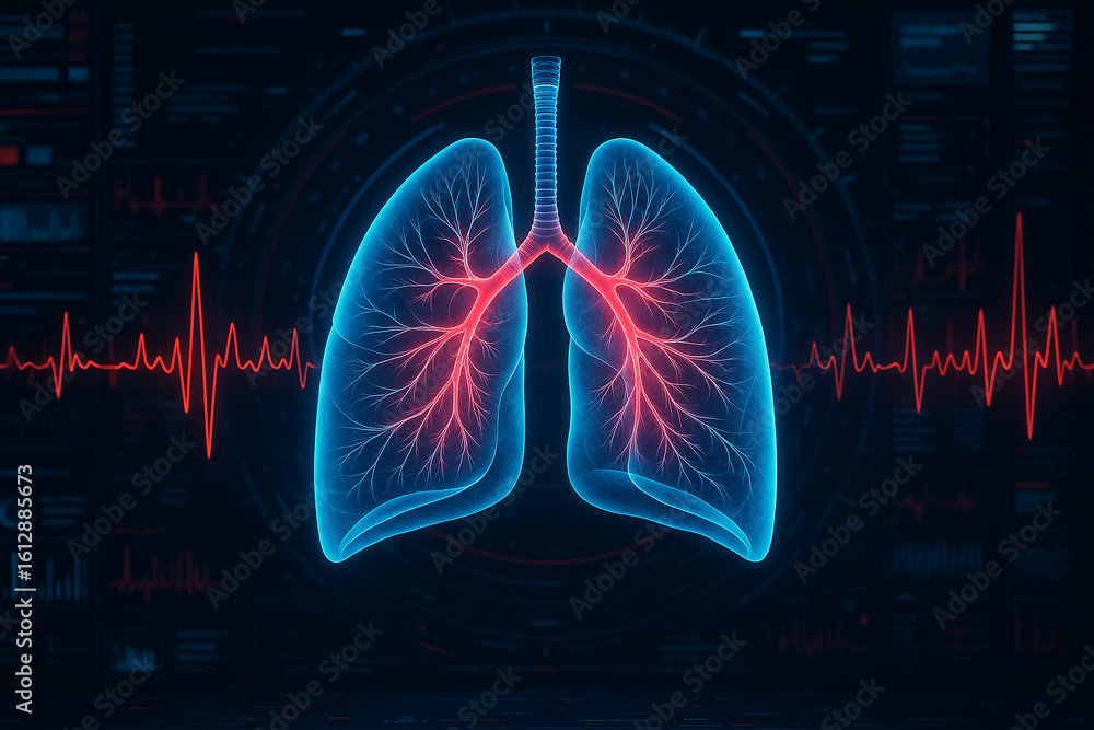 Poster ai generated ultra realistic holographic lungs glowing in neon blue and red with ecg waveform overla