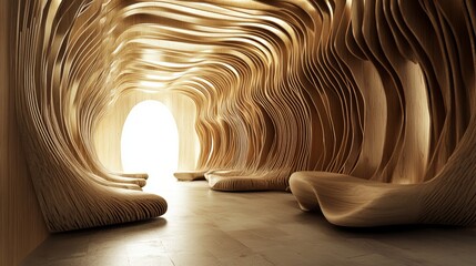 Interior view of a wooden tunnel, with light at the end. Curvaceous wooden panels form walls
