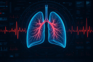AI generated ultra realistic holographic lungs glowing in neon blue and red with ECG waveform overlay in a sci fi medical diagnostics interface futuristic and precise in a dark tech lab